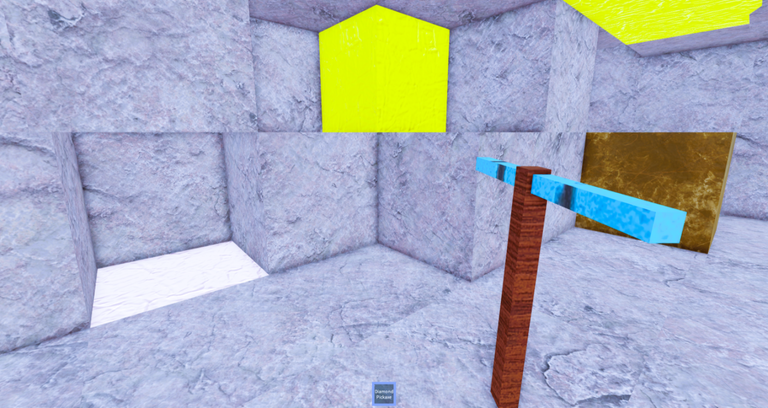 Mining Empire stone cavern with a cyan pickaxe and yellow ore blocks